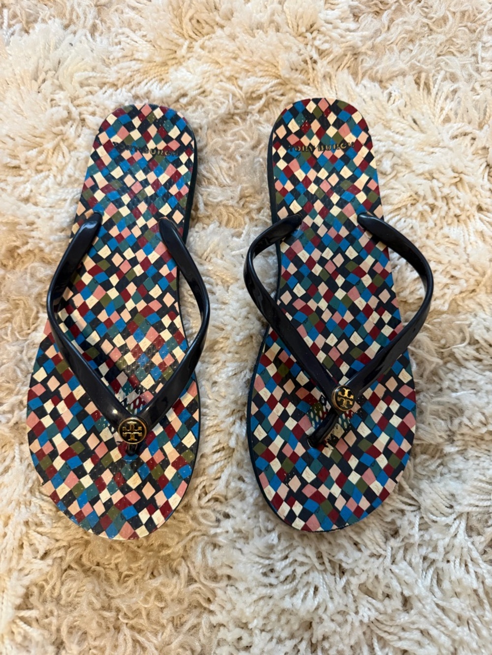 Tory Burch Multicolor Mosaic Flip Flop Sandals with Black Straps and Gold Logo